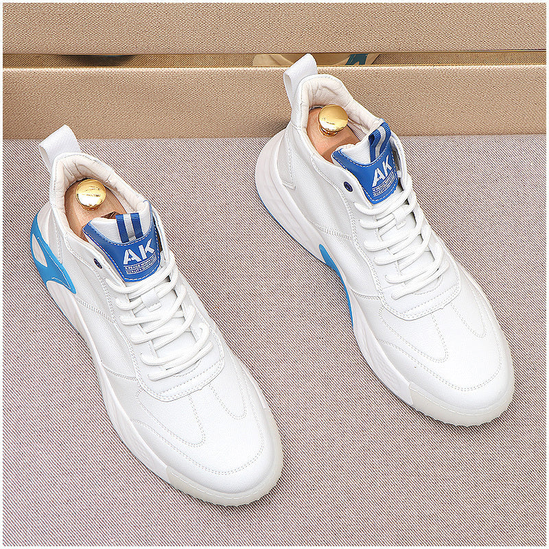 Men's White Blue Color Blocking High Top Casual Shoes Overview: Unique design, stylish and beautiful. Good material, comfortable feet. A variety of colors, any choice. Specification: Function: increase Closure method: tie wrap Size: 38 39 40 41 42 43 Patt