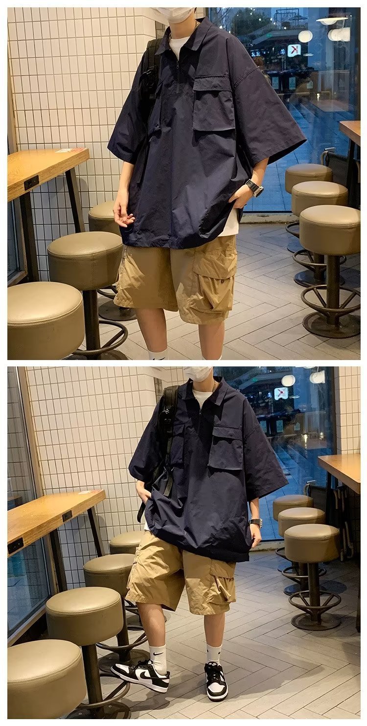 Short Sleeve Shorts Casual Sports High Sense Fried Street Overall Suit Men Product information: Thickness: ordinary Applicable scenarios: Leisure Color: khaki, Blue Top sleeve length: short sleeve Pants length: Shorts Main fabric composition: Polyester Fi