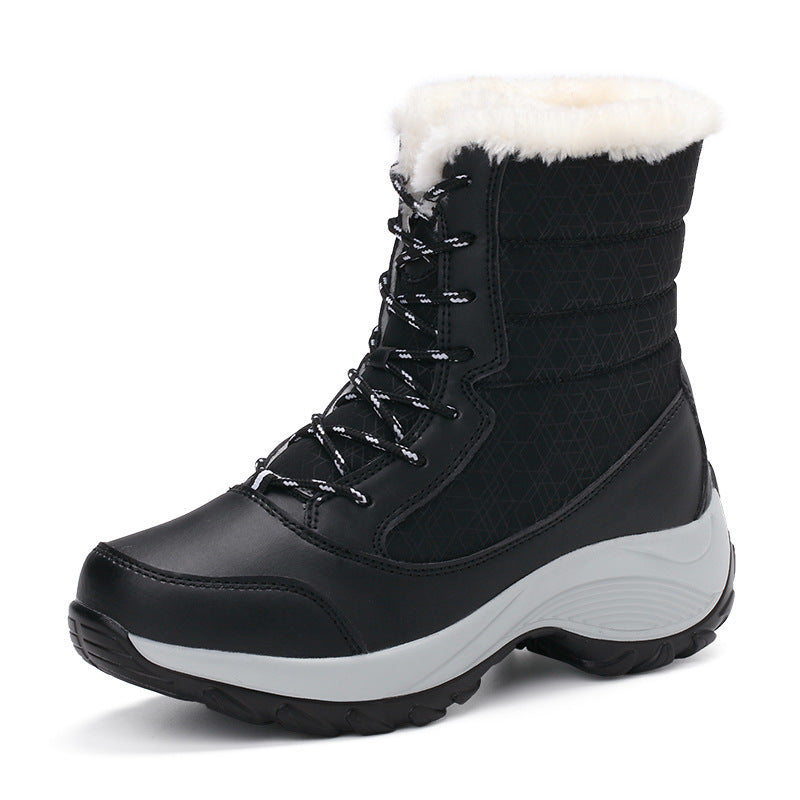 Plus velvet high-top women's shoes waterproof snow boots suitable season: winter Heel height; middle heel (3-5CM Pattern Toe shape; round head Popular elements: car suture Applicable gender; female Upper material; umbrella cloth Style: Korean Sole materia