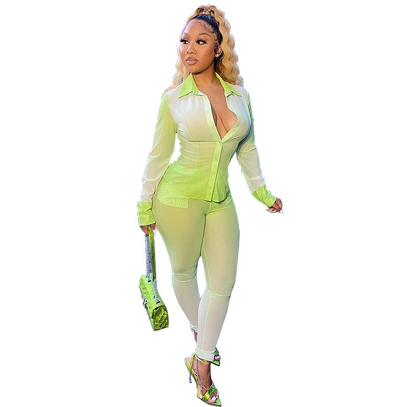 Gradient blend suit Style: Sexy Pattern: Printing Style: Pantsuit Top style: Shirt Long sleeves: Long sleeves Style of pants: Pencil pants Pant length: long trousers Process: Printing/dyeing 1. Asian sizes are 1 to 2 sizes smaller than European and Americ