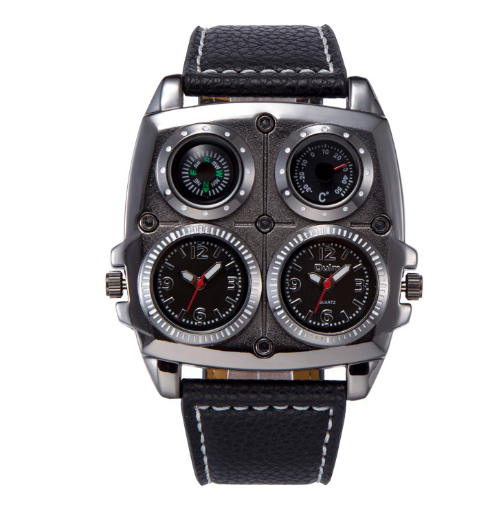 Quartz watch for men Special functions: luminous, compass,GMT, thermometer Display type: pointer Waterproof: no Movement type: quartz Movement model: PC21S Thickness: 12 mm Dial diameter: 49MM Crown type: spiral crown Bottom type: normal Mirror material: