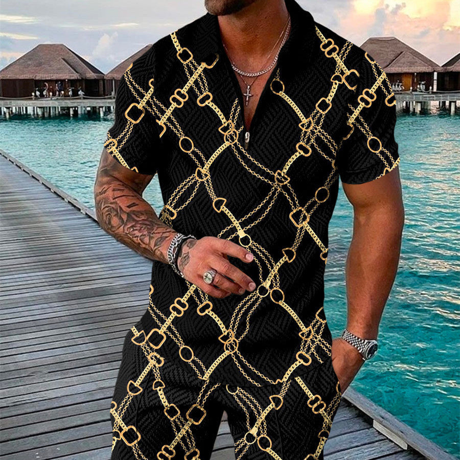 Men's Summer Fashion 3D Printed Short Sleeve Geometric Zip Lapel Shirt Set Product information: Material:Polyester Fiber (Polyester) Style:hip hop Features:printing Colour:black Size Information: Size: S/M/L/XL/XXL/3XL/4XL/5XL Note: 1. Asian sizes are 1 t