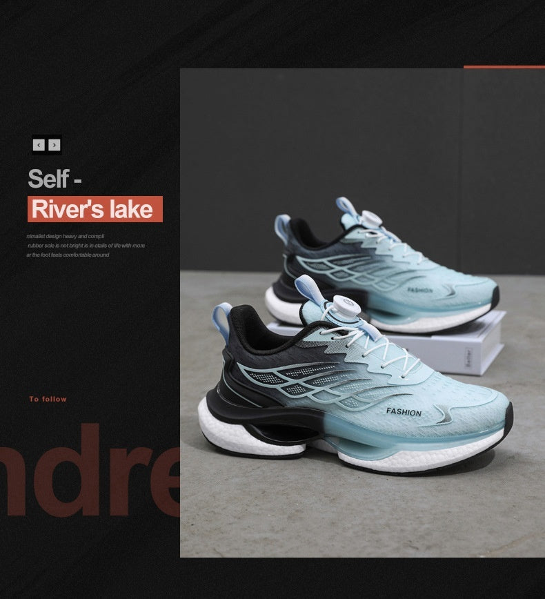 Flying Woven Air Cushion Turn Buckle Running Shoes Product information: Suitable site: plastic, floor, wild, trail, runway, hard ground, natural lawn, artificial grass, road, other Pattern: color matching Lining material: comfortable lining Color: Black G