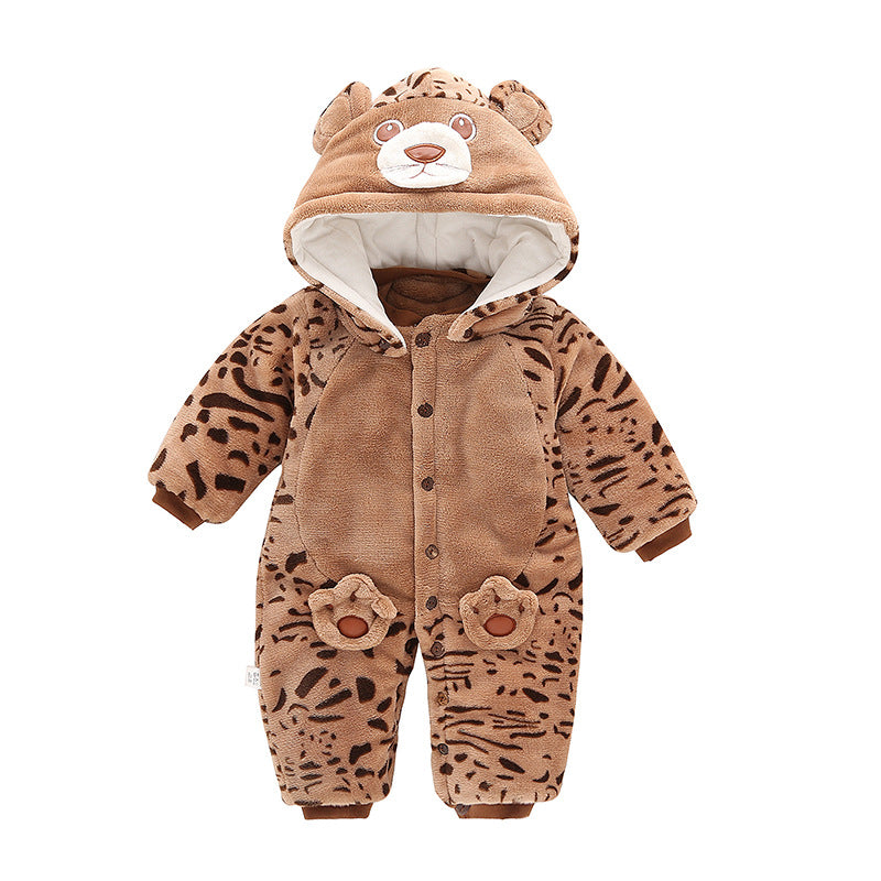 Autumn And Winter Thickening Outwear 0-1 Year Old Male And Female Baby Clothes Baby Bear Shape Jumpsuit Product information: Color: Leopard Tiger, gray panda Suitable height: 66cm,73CM,80cm,90cm Style: long climbing Thickness: thickening Fabric name: Cott