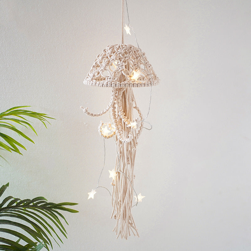 Handmade Cotton String Woven Pendant Creative Jellyfish Shape Children's Room Bedroom Hanging Decoration Product information: Fabric principal component content: 91% (inclusive)-100% (Exclusive) Color: white, including lighting chain Material: Cotton Size