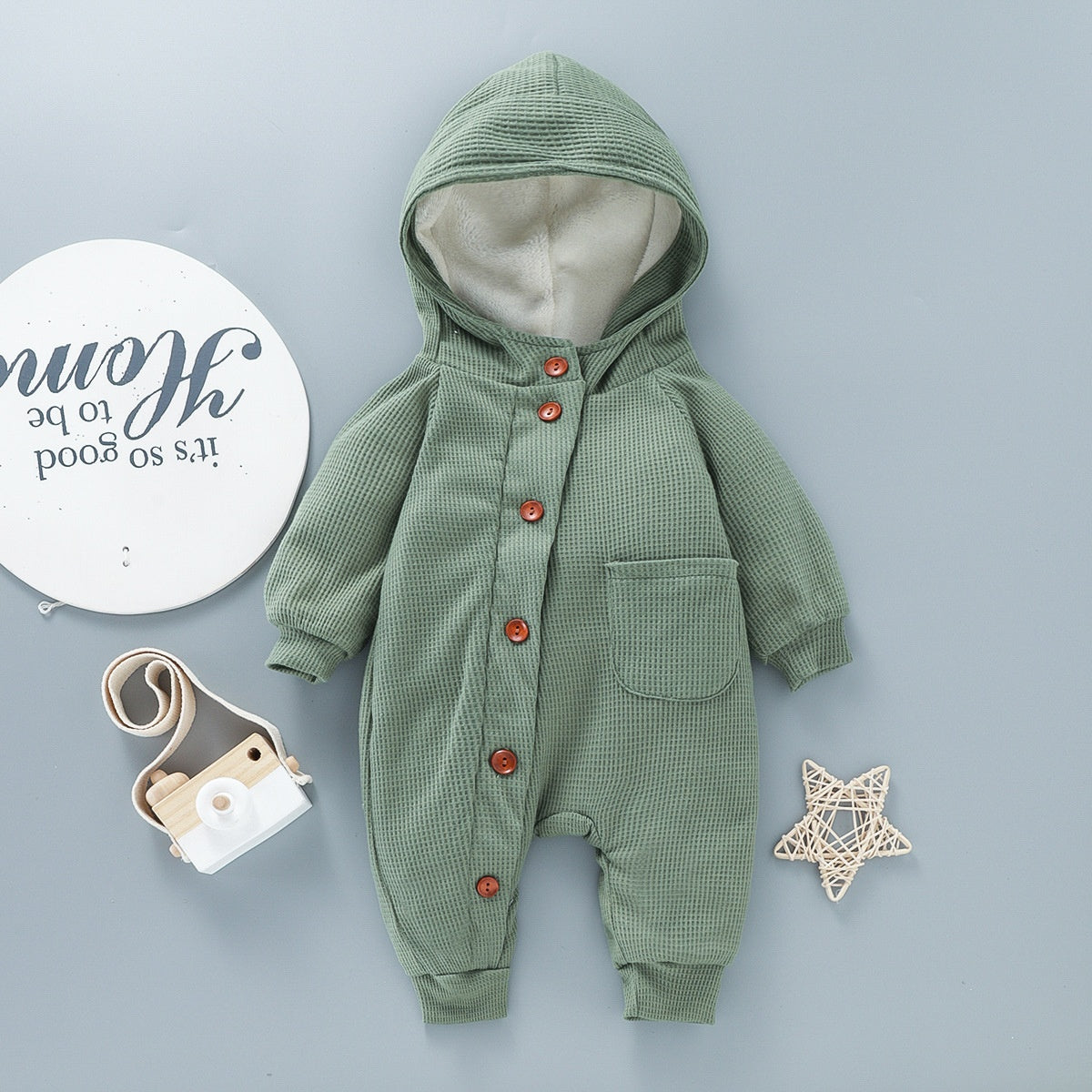 Baby Solid Color Hooded Long Sleeved Button Up Crawling Suit Product information: Color: pink, green, light brown Suitable height: 0-3M,3-6M,6-9M,9-12M,12-18M Style: long climbing Thickness: thickening Fabric name: Cotton Closed style: single-breasted Mai