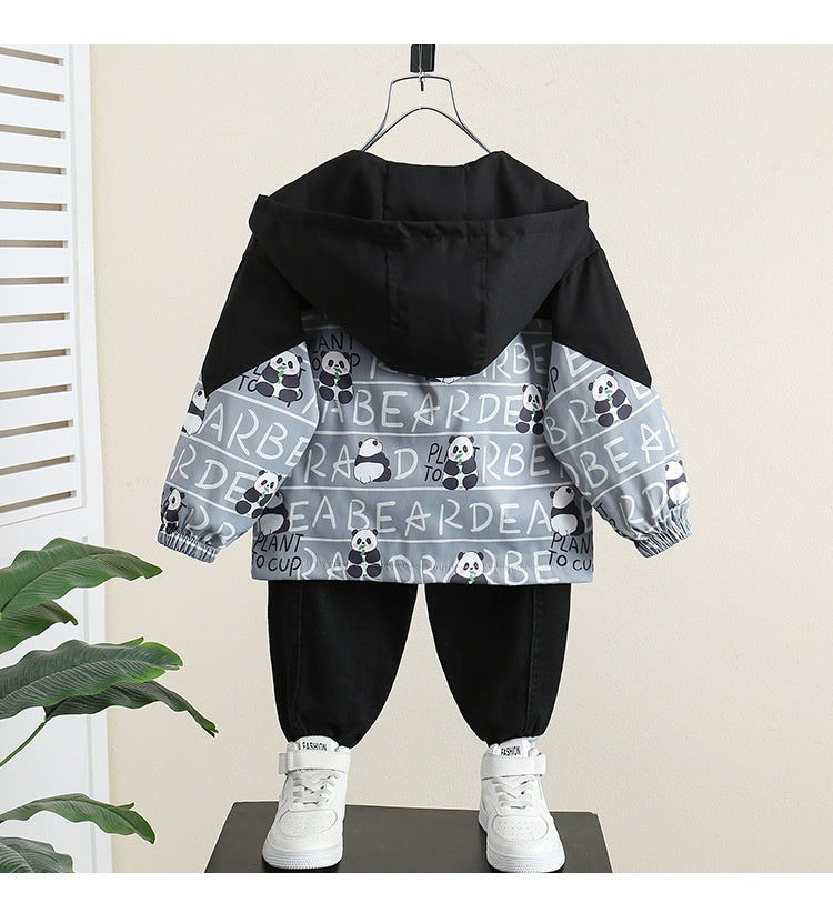 Boys' Coat Spring And Autumn Hooded Jacket Product information: Pattern: Cartoon Color: white coat, gray coat Applicable height: 90cm,100cm,110cm,120cm,130cm,140cm,150cm Style: no belt Fabric name: cotton blend Closed style: zipper shirt Main fabric compo