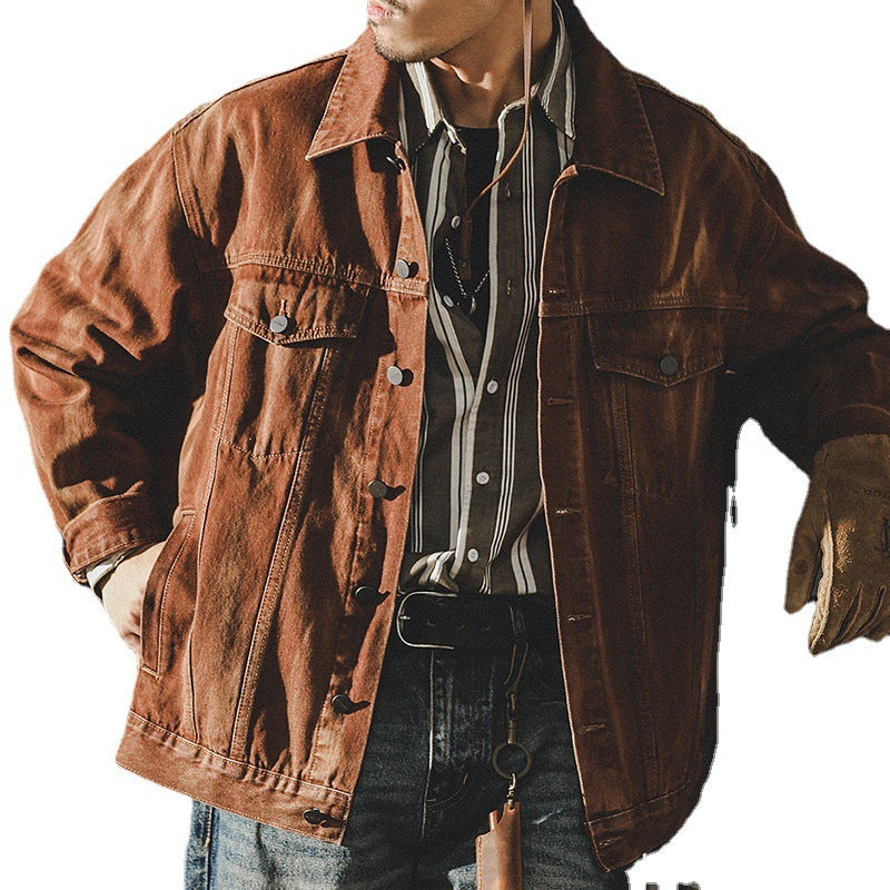 Autumn And Winter American Vintage Denim Jacket Men Product information: Pattern: solid color Pocket Style: size stick pocket Color: Latte color Size: M 50.00kg-70.00kg,L 200kg-80.00kg,XL 70.00kg-90.00kg,2XL 80.00kg-100.00kg,3XL 90.00kg-kg,4XL 100.00kg-11