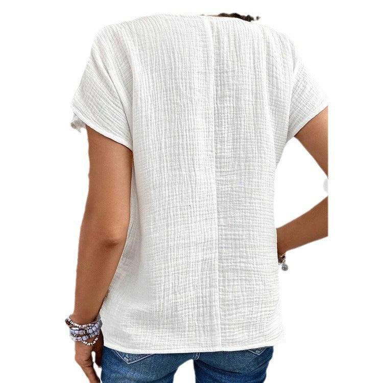 Summer Solid Color Fashion Short-sleeved Cardigan Button Women's Top Product information: Pattern: solid color Color: white, pink, light blue Size: S,M,L,XL,XXL Version: Loose Popular elements: Button Style: Cardigan Main fabric composition: Polyester (po