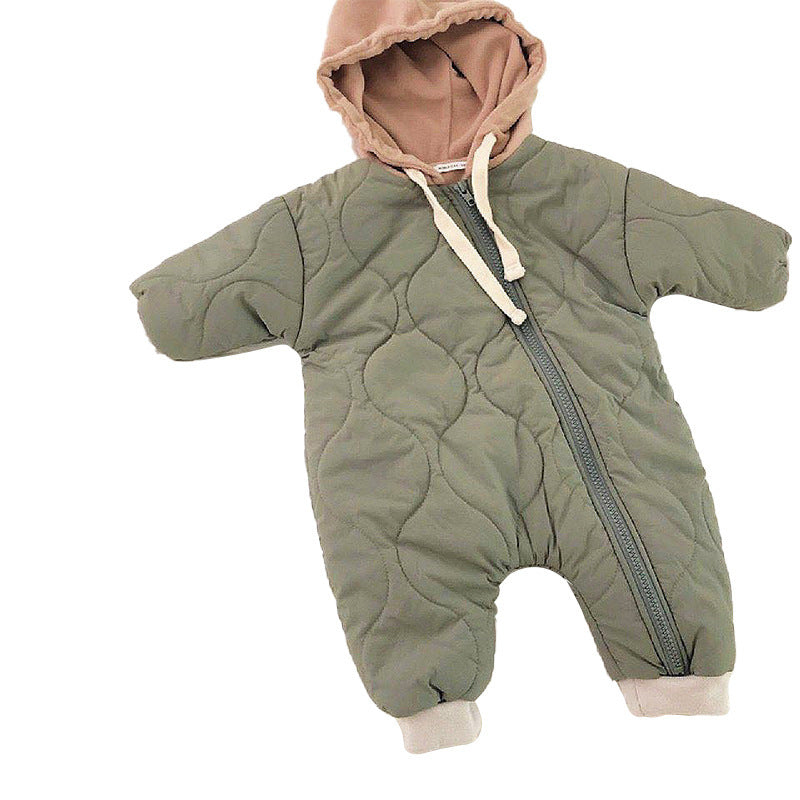 Baby Padded Quilted Kumpsuit Outing Clothes Product information: Applicable age: Freshmen 3 months 6 months 12 months 18 months 2 years old Made of: Cotton Material composition: cotton 100% Clothing placket: hedging Whether to wear a hat: There is a hat t