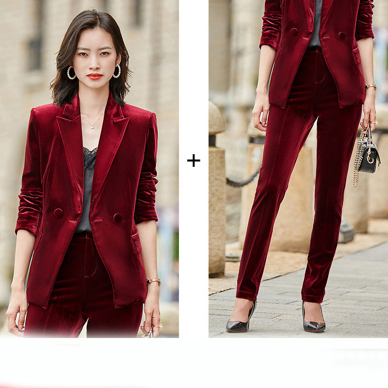 Fashion Simple Women's Velvet Suit Jacket Suit Product information: Pattern: plain Style: pants suit Top style: small suit Top sleeve length: long sleeve Length: trousers Main fabric composition: polyester fiber (polyester) The content of main fabric ingr