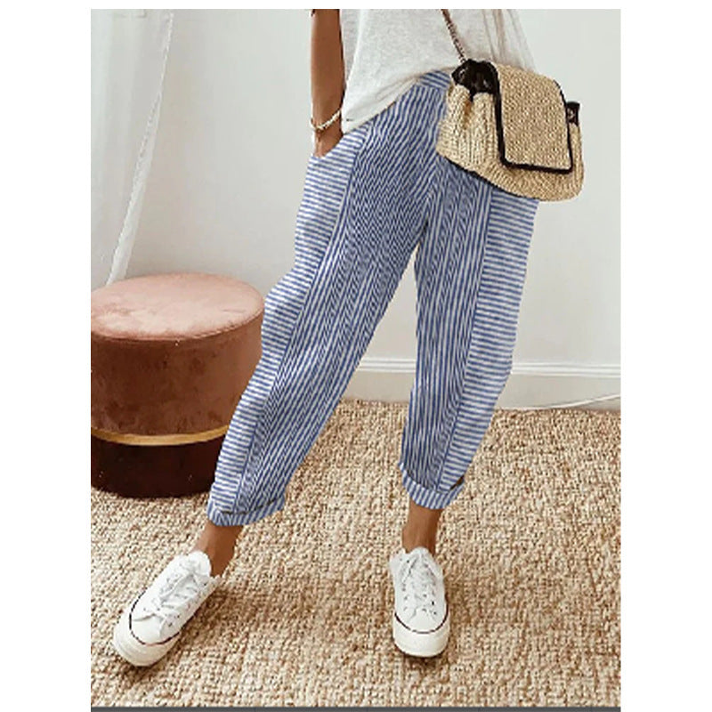 Women's Striped Print Trousers Summer Fashion Casual Loose Pants Overview: Unique design, stylish and beautiful. Good material, comfortable wear. A variety of colors, any choice. Product information: Fabric name: Oxford cloth Main fabric components: Other