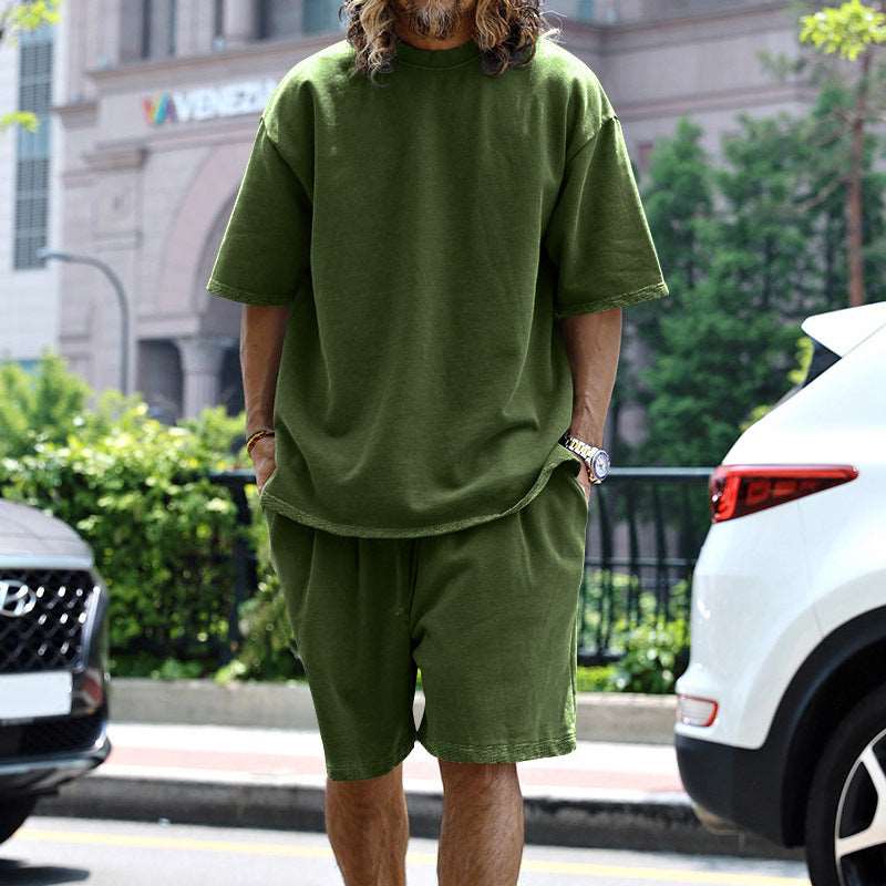 2pcs Loose Sports Suits Summer Round Neck Short-sleeved T-shirt And Drawstring Pockets Shorts Casual Solid Color Set Mens Clothing Product information: Material:Polyester+Cotton Size Information: Packing list: Top*1 Short*1 Product Image: 2pcs Loose Sport