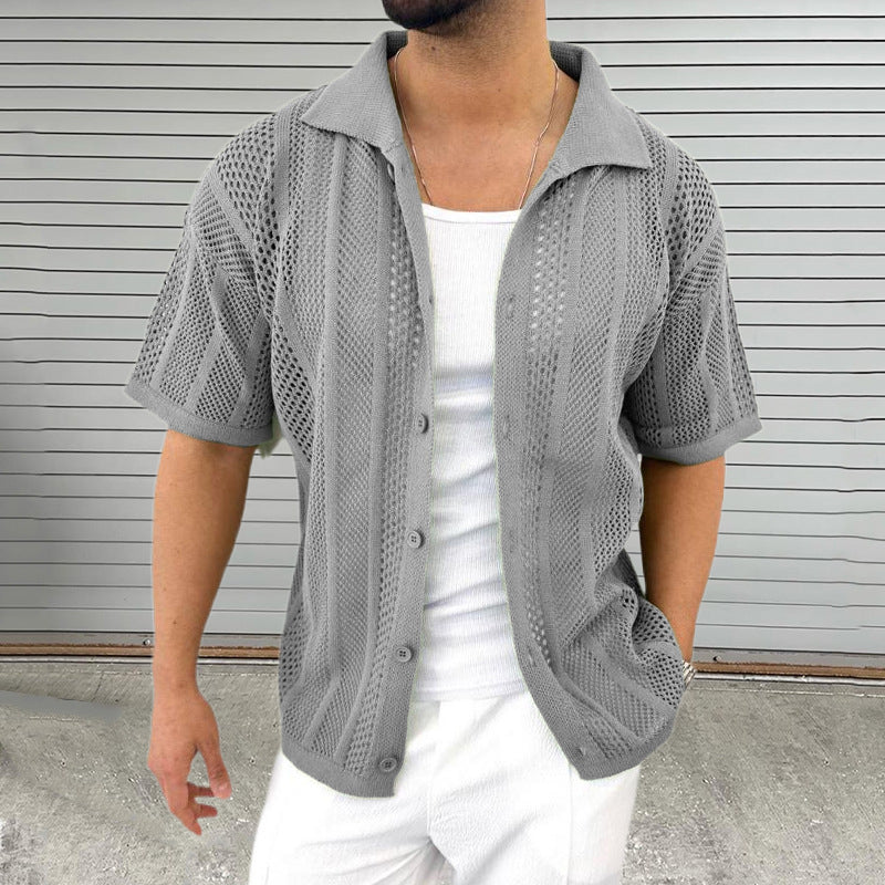 Men's Thin Sweater Lapel Short Sleeve Hollow Cardigan Product information: Color: white, black, khaki, Gray Suitable for people: Youth Size: M,L,XL,XXL Version: Straight Style: Cardigan Thickness: thin Fabric name: knitted Applicable scenarios: Daily Main