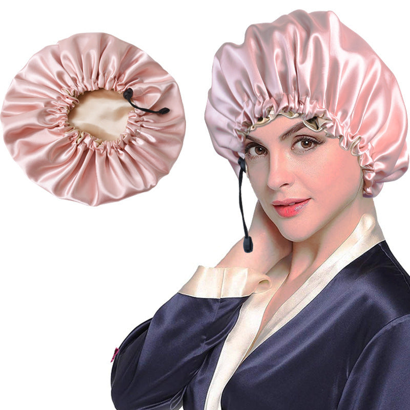 Shower Cap Soft Silk Dual-use Bath Cap Chemotherapy Cap Product information: Whether to import: No Material: Double satin Applicable people: adults Color: black, purple, watermelon red, fund pink, gray, black classic Style: solid color Packing list: Night