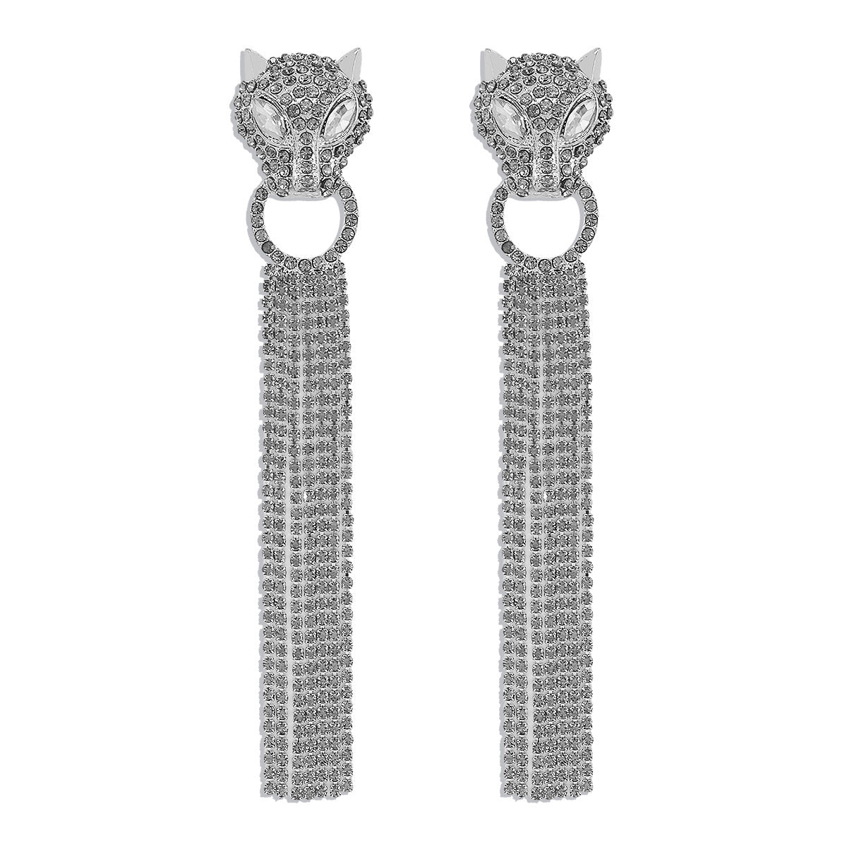 Personalized Leopard Head Earrings With Tassel Rhinestones Trendy Fashion Luxury Long Earrings For Women Product information: Material: Alloy + Rhinestones Finishing:Rhinestones Colour:Gold,White K,Black Fashion element:Leopard Size Information: Packing l