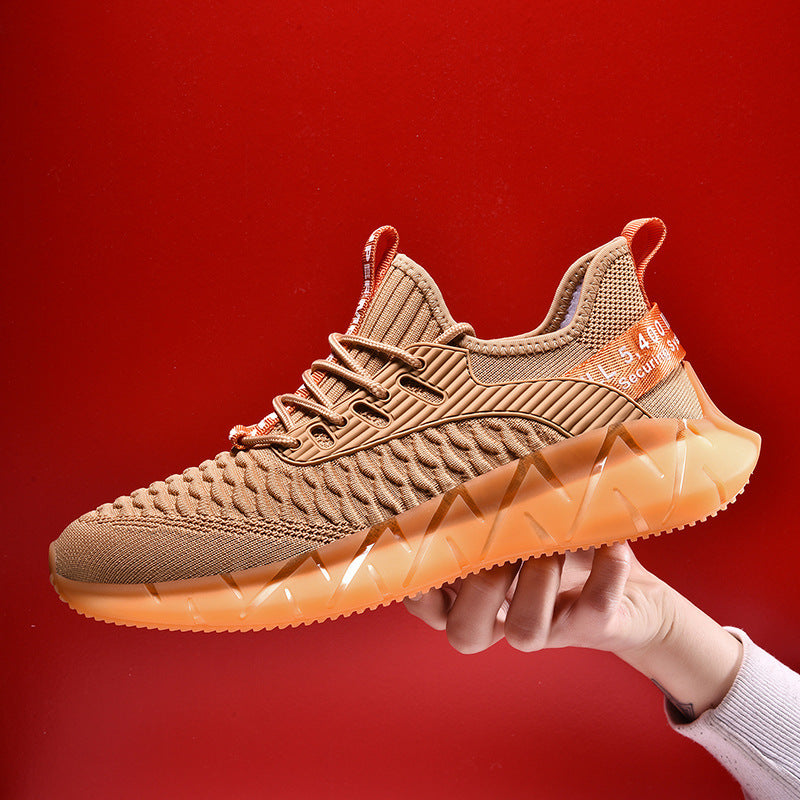 Mesh running shoes flying woven casual shoes Pattern: Color matching Upper material: mesh Sole material: rubber foam Applicable sports: general Wearing style: back tie Popular elements: sewing thread, shallow mouth, color matching, plain surface Heel shap