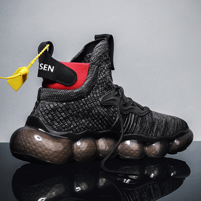 Flying woven high-top breathable mesh men's shoes Product category: sports casual shoes Style: Casual Wearing style: front tie Function: breathable, light, non-slip, wear-resistant, support, shock absorption Upper material: flying weave Sole material: pop