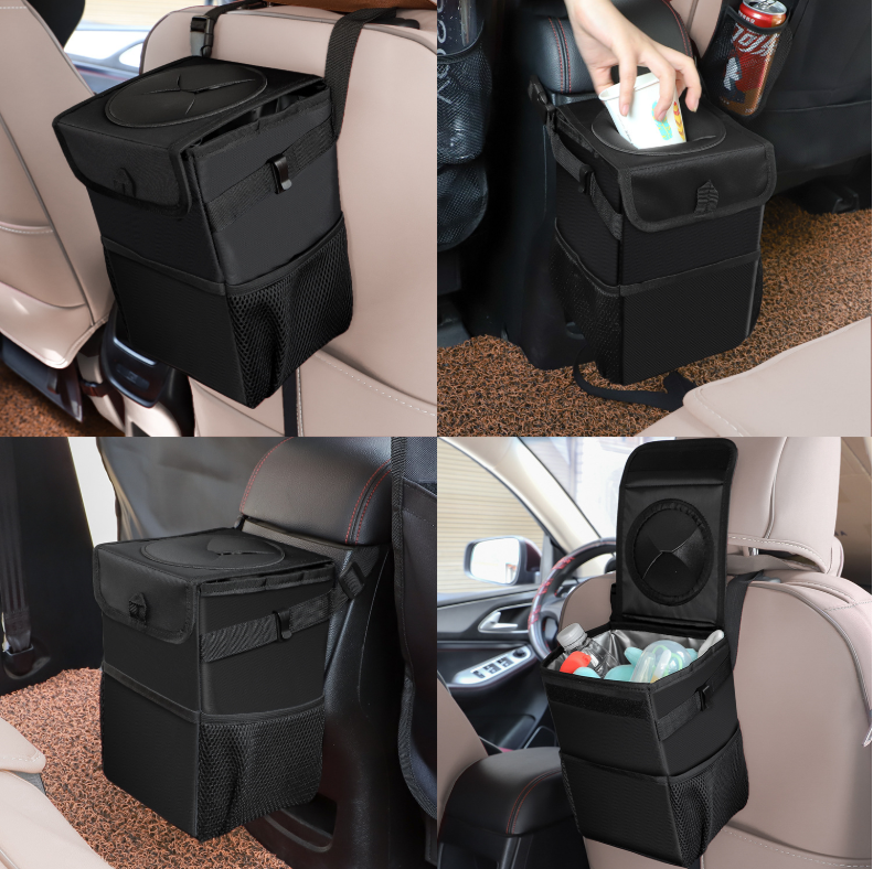 Car Trash Can Features: Great quality of oxford cloth makes it durable. Hanging anywhere and install with adjustable strap and splice buckle. The inside of the car trash bin has a waterproof lining which is leak-proof,easy to keep your automobile clean an