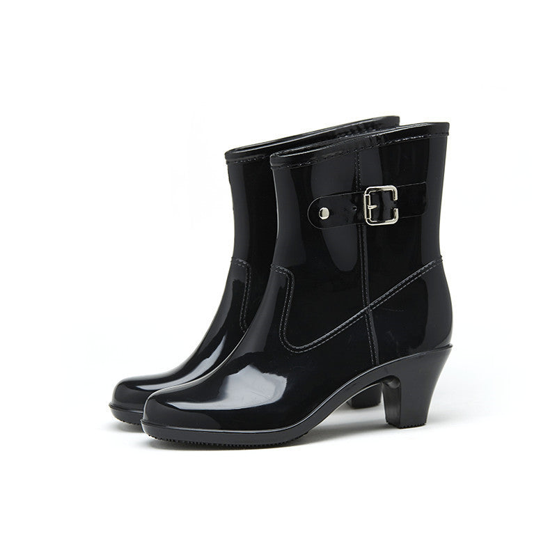 Fashion Buckle Rain Boots Female Mid-tube Non-slip Rubber Shoe Covers Product information: Applicable age: adult Applicable gender; female Tube height: middle tube Normal thickness Heel height: high heel (6-8CM) Pattern: plain Suitable season: Four season