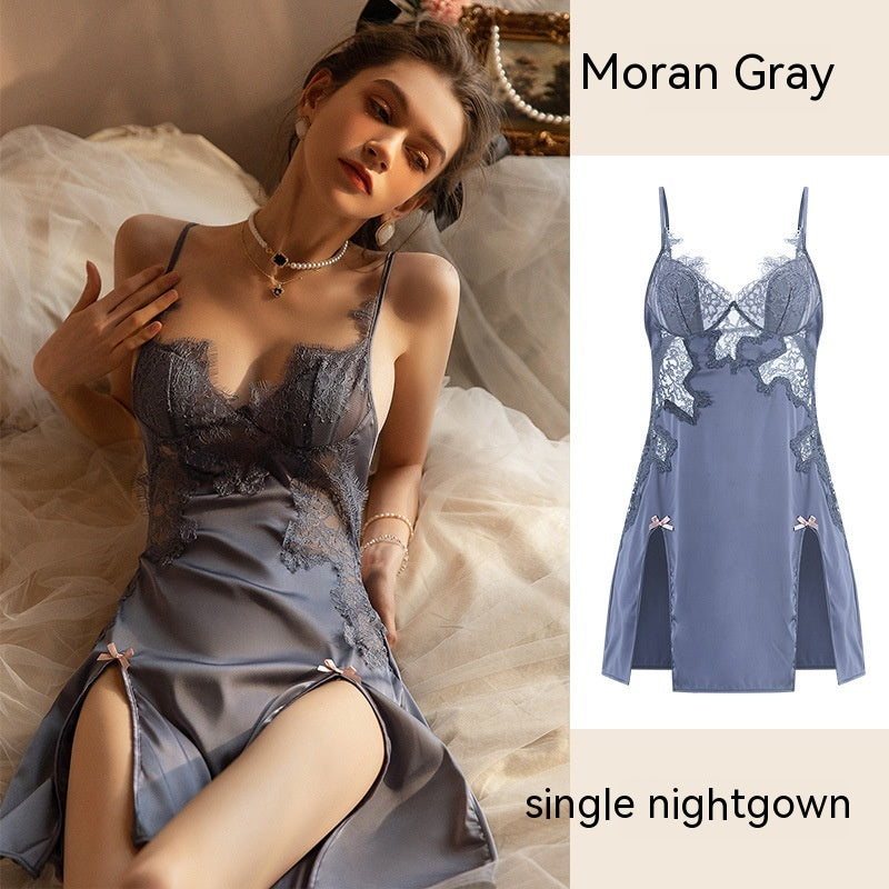 High-grade Sexy Sexy Ice Silk Pajamas Women's Summer With Chest Pad Product information: Thickness: thin Fabric name: Ice Silk Applicable scenarios: home, hotel bath, wedding celebration photographic studio Color: Black (nightdress), Moran Gray (nightdres