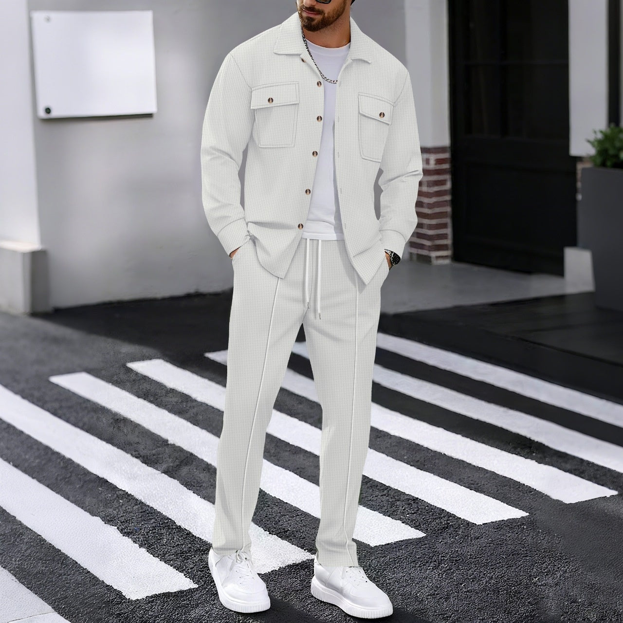 Autumn New Waffle Long-sleeved Trousers Two-piece Set Cardigan Shirt Suit