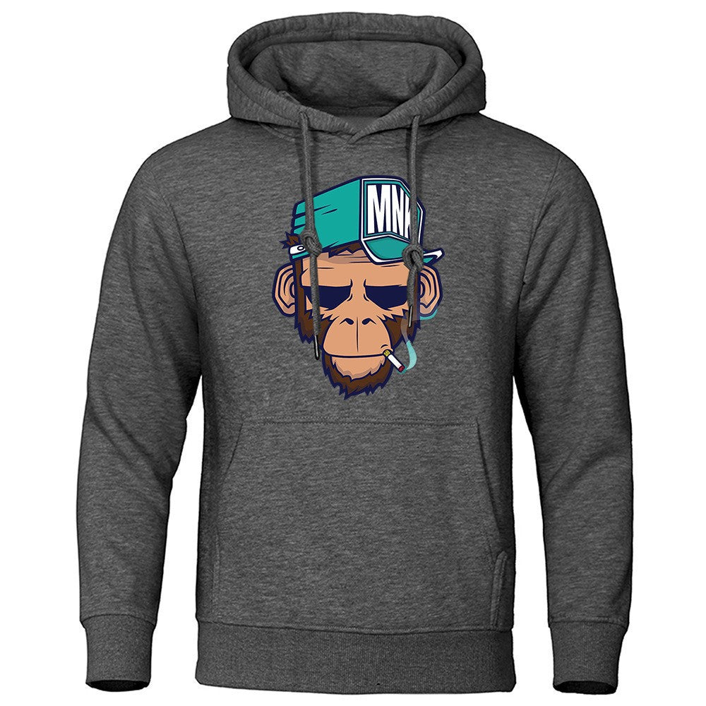 Personality Smoking Monkey Hoodie Sweatshirt Hip Hop Casual Street Hooded Product information: Pattern: pattern Pocket Style: side seam sidekick Color: Black, royal blue, dark blue, gray, orange, purple, red, white, yellow, khaki, dark gray Size: S,M,L,XL