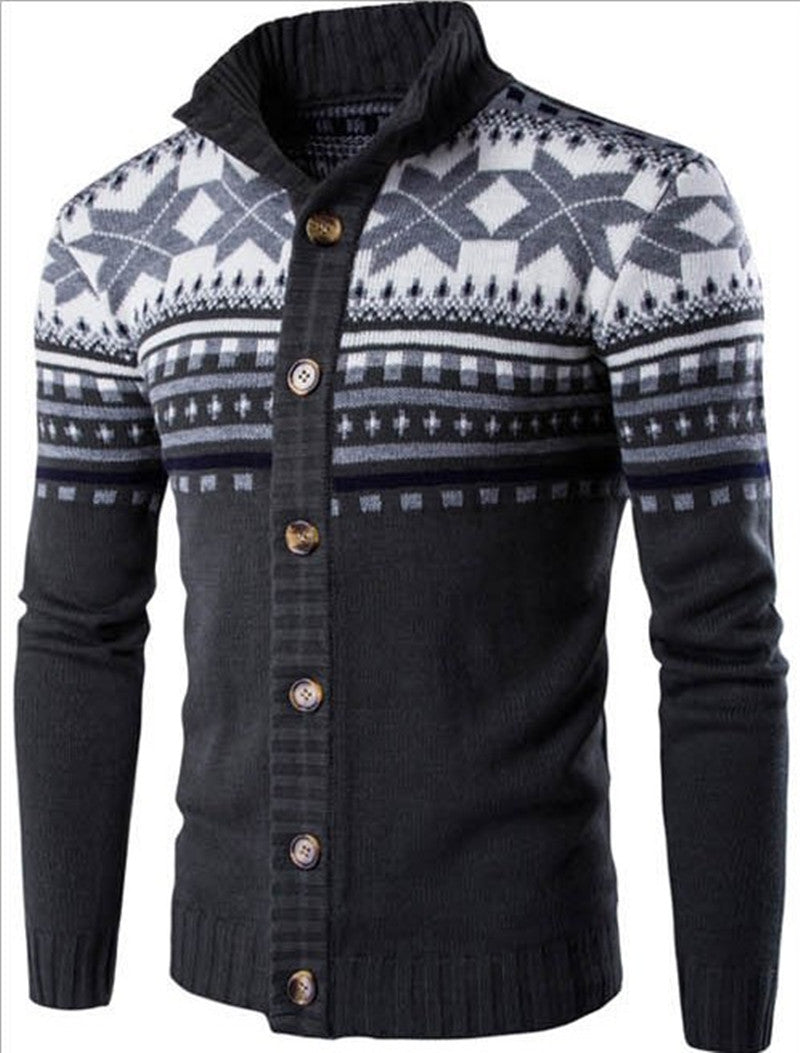 Contrast Jacquard Design Cardigan Men's Sweater Product Information: Style: Casual Style: Cardigan Collar Type: Stand-up Collar Sleeve Length: Long Sleeve Placket: Single Breasted Edition Type: Fit Type Thickness: General Pattern: Color Matching Size Info