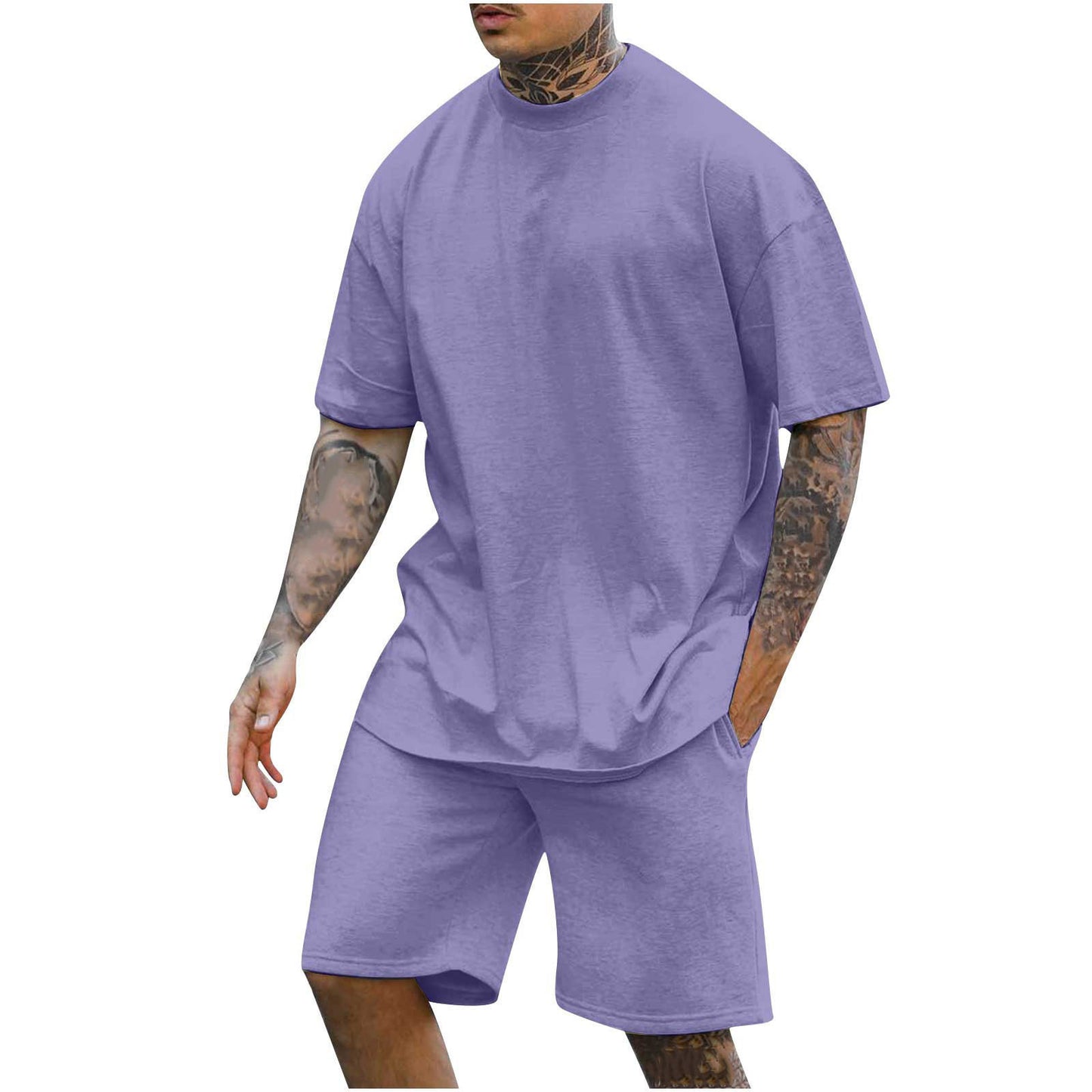 New Men's Round Neck Drop Shoulder Short Sleeve T-shirt Top Shorts Two-piece Set Product information: Color: white, black, apricot, wine red, green, sky blue, purple Top sleeve length: short sleeve Pants length: Shorts Size: S,M,L,XL,XXL,XXXL Fabric name: