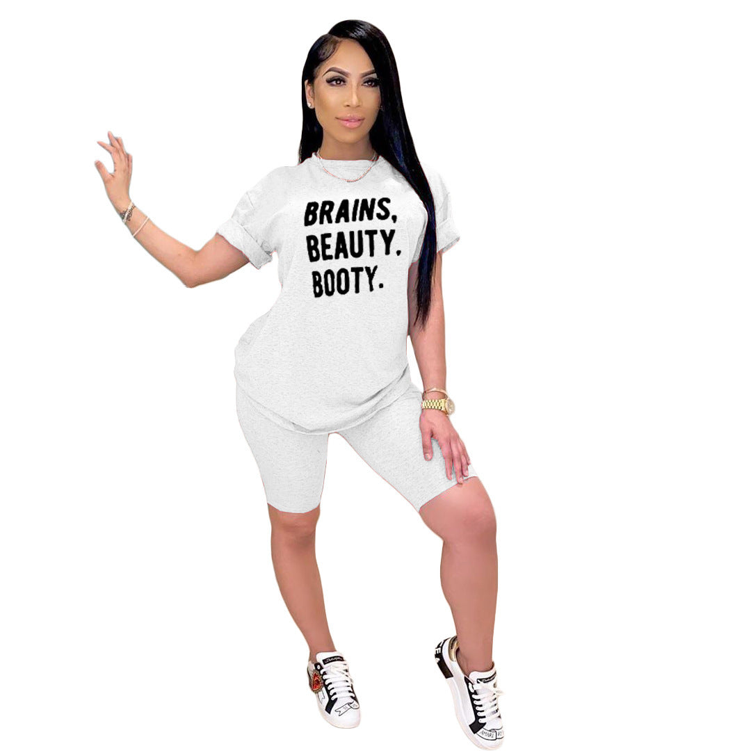 Fashion casual suit style: Casual Pattern: Letters Style: pants suit Top style: T-shirt Top sleeve length: short sleeve Pants style: straight pants Pants length: shorts Popular elements: printing 1. Asian sizes are 1 to 2 sizes smaller than European and A