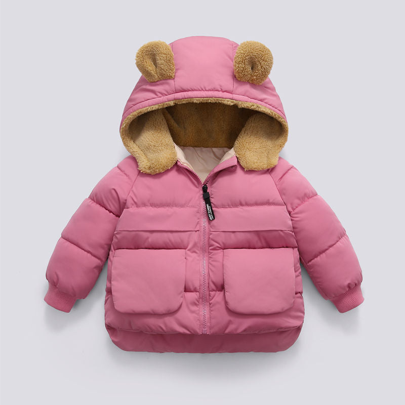 Children S Autumn And Winter Short Thick Hooded Warm Jacket Product information: Material: Silk Floss Style: cute Feature: Hooded Color: black, pink, caramel, beige Size Information: Size: 90,100,110,120,130 Size Lenght shoulder Bust Sleeve 90 41 27 37 34