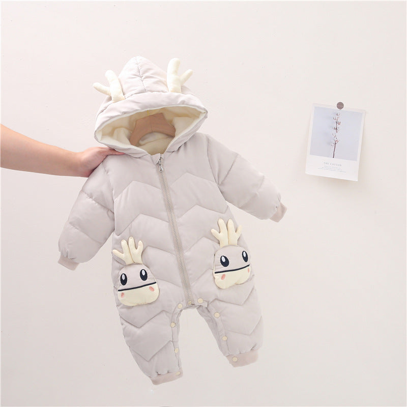 Baby winter romper Applicable gender: neutral/male and female Sleeve length: long sleeve Flat car stitch pitch 12~14 stitches/3cm: Yes Whether the hair/excess thread ends are trimmed: All trimmed clean Thickness: thicker Fabric name: Cotton Main fabric co