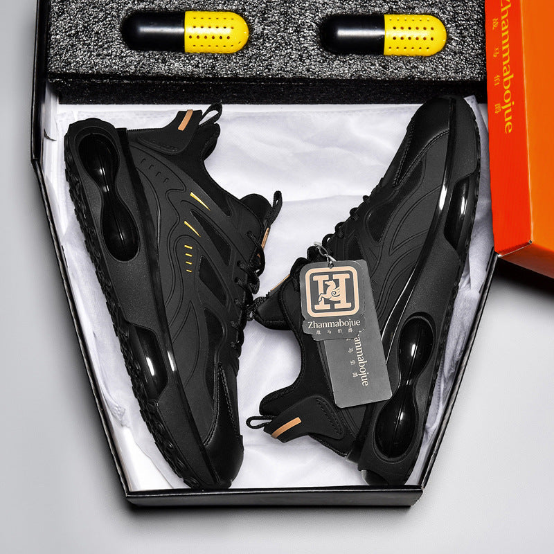 New Casual Sports Black All-match Height Increasing Running Shock Absorption Men's Shoes Product information: Color: Black and Gold Shoe Upper material: PU Heel height: low heel (1-3CM) Wearing method: front lace-up Size: 36,37,38,39,40,41,42,43,44,45 App