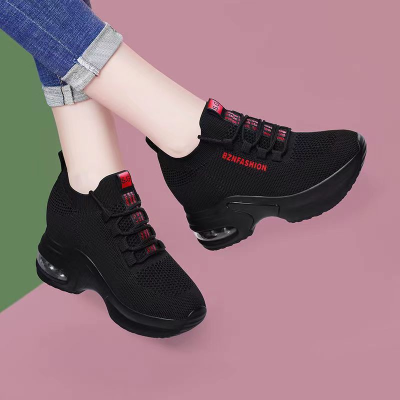 Height Increasing Insole Women's Fly Woven Mesh Sports Leisure Air Cushion Dad Shoes Product information: Pattern: Letters Applicable sports: Universal Color: Black and red, black and white Upper height: low top Heel height: high heels (6-8CM) Heel shape: