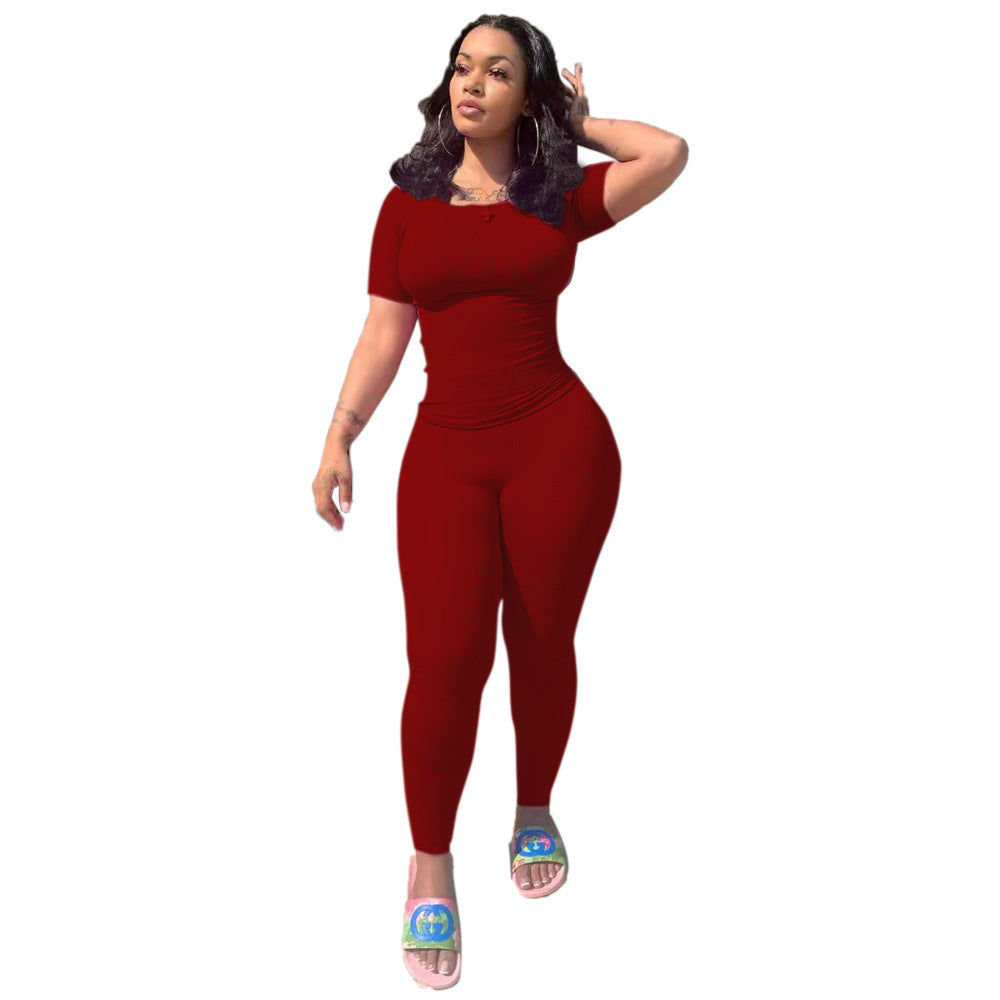 Cross-border Sexy Casual Outer Elastic Rib Tight Sports Two-piece Set Product information: Fabric name: Chemical Fiber blend Color: pink, black, royal blue, apricot, wine red Sleeve type: Princess sleeves Main fabric composition: Spandex Size: S,M,L,XL,XX