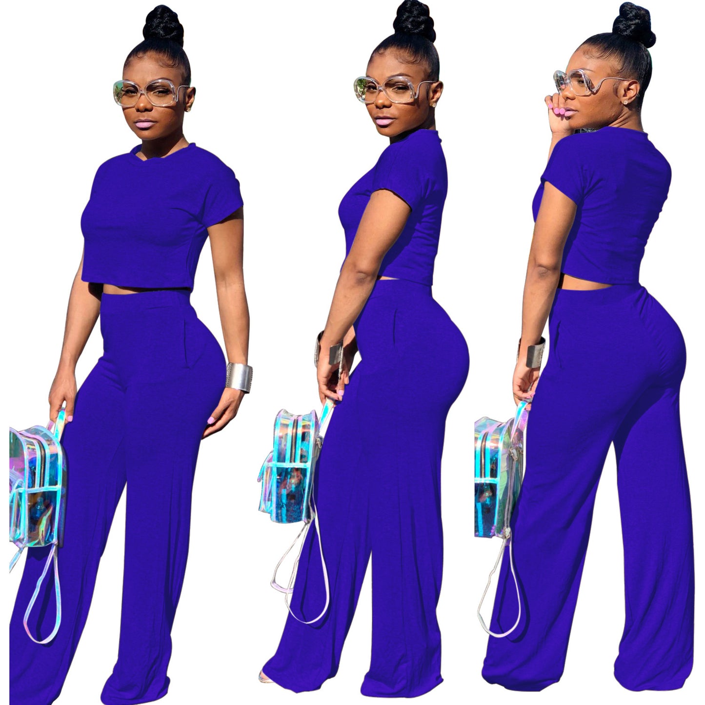 Women's Midriff Outfit Black Short Sleeve Two-piece Suit Product information: Color: yellow, black, Rose Red, Purple Red dark gray, orange, green, light blue, dark blue Size: S,M,L,XL Content of lining ingredients: 91%-99% Main fabric composition: Polyest