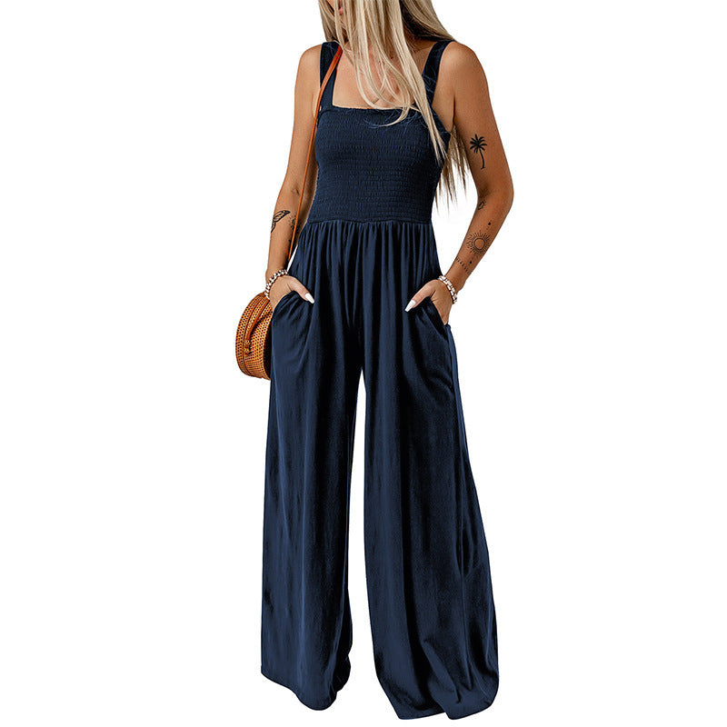 Summer Square Neck High Waist Jumpsuit Women's Backless Pleated Design Wide Leg Trousers Clothing Product information: Material:Polyester Size Information: Note: 1. Asian sizes are 1 to 2 sizes smaller than European and American people. Choose the larger