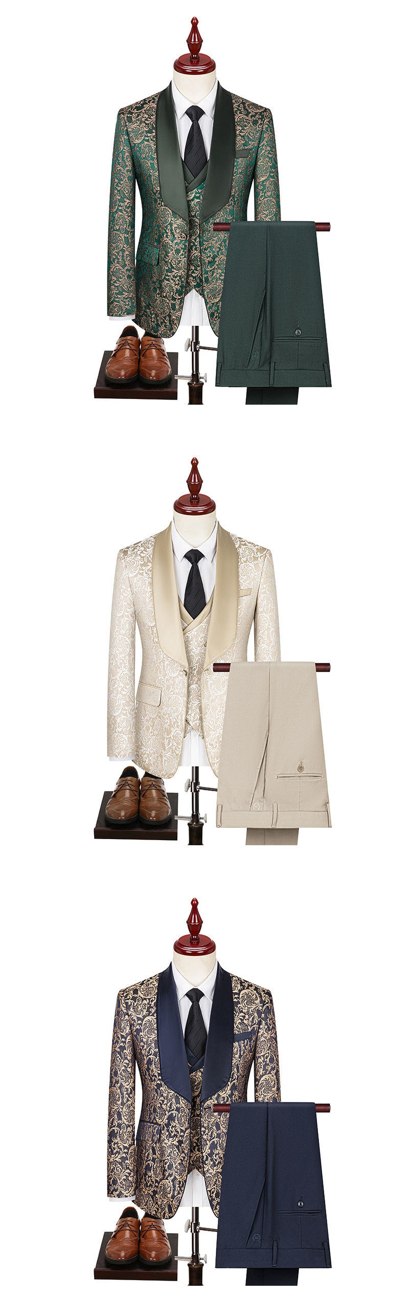 Men's Jacquard Suit Wedding Dress Suit Product information: Color: black, white, blue, green, creamy-white, Red Size: 44,46,48,50,52,54,56,58 Clothing Technology: adhesive interlining process Fabric name: Chemical Fiber blending Applicable scenario: Weddi