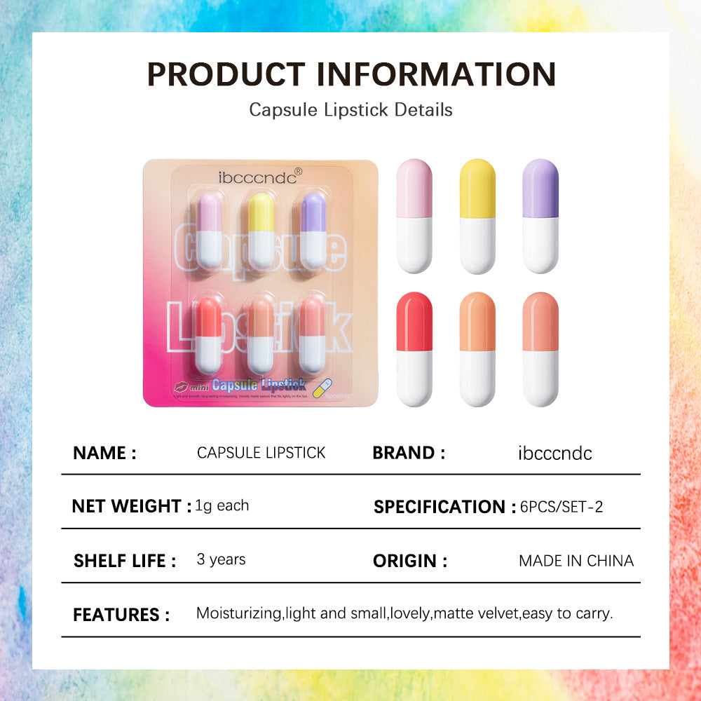 Capsule Lipstick Mini Suit Easy To Carry Velvet Product information: Efficacy: Durable Color: 6 tablets lipstick kit 1 #(foreign edition),6 tablets lipstick kit suit 2# (foreign edition) Type: Capsule Lipstick Packing list: Lipstick X6pcs Product Image: C