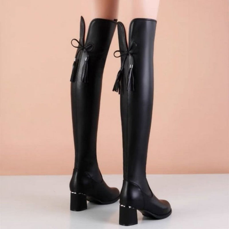Rubber High-heeled Thigh Boot Fashion Boots Round Toe Winter Product information: Lining material: imitation leather Applicable sports: Hiking Heel height: low heel (1-3CM) Sole craft: viscose shoes Cutting depth: Middle mouth (7-11CM) Shoe Upper material