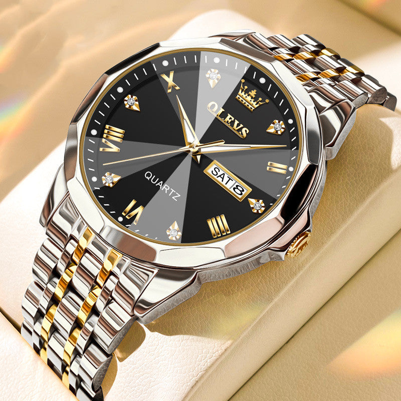 Roman Scale Double Calendar Quartz Watch Waterproof Product information: Special Features: Decoration, luminous, calendar, week display Display type: pointer Suitable for: Male Style: Business Waterproof: Yes Waterproof performance: 30M Movement type: qua