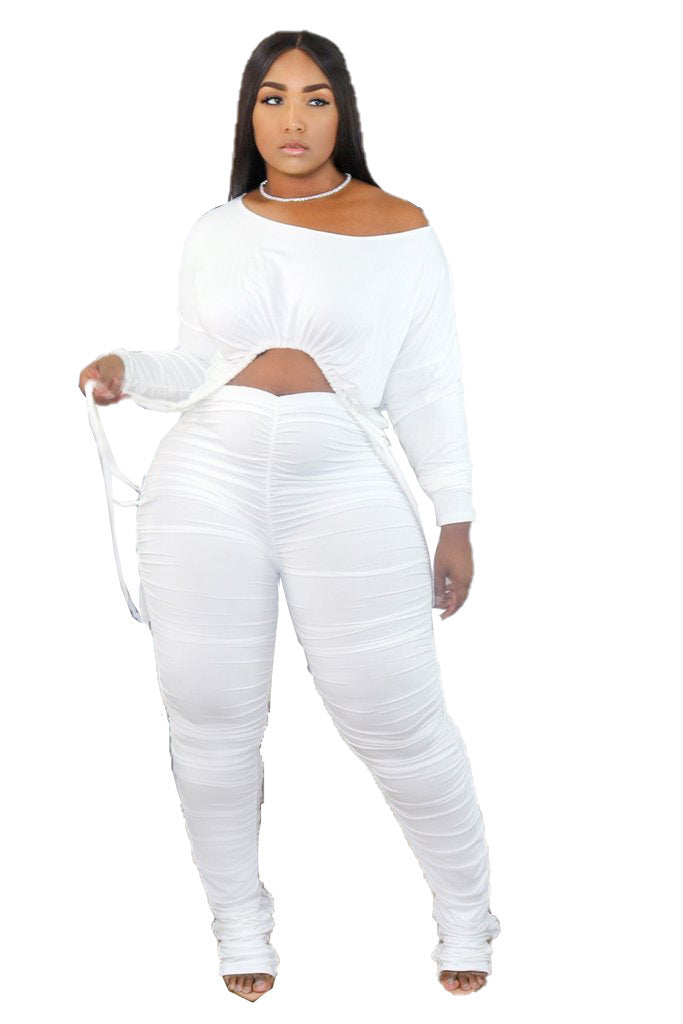 European And American Sexy Women's Suits Product information: Style: Sexy Pattern: Plain Style: Pants suit Top style: T-shirt Top sleeve length: Long sleeve Pants style: Straight pants Length: Trousers Popular elements: Wrinkle stack drawstring Size Infor