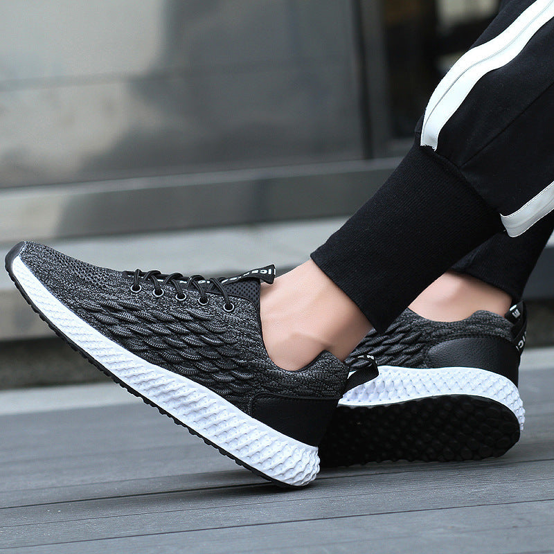 Mesh flying woven breathable shoes men Product category: Sports casual shoes Function: breathable, lightweight, non-slip, wear-resistant, shock absorption Upper material: flying woven Sole material: MD How to wear: Front tie Inner material: cotton Upper h