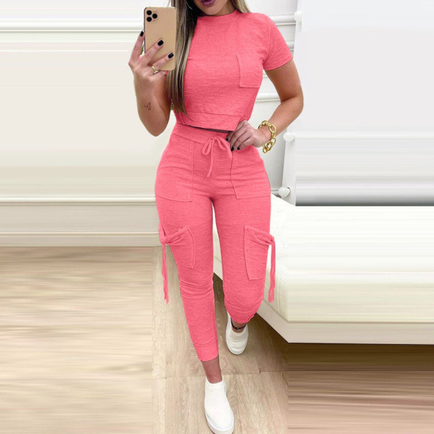 Women's Fashion Slim Top Drawstring Dungarees Suit Product information: Pattern: solid color Fabric name: Polyester Color: pink, yellow, orange, red, purple, gray, black, blue, khaki, Rose Main fabric composition: Polyester Fiber (polyester) Size: S,M,L,X
