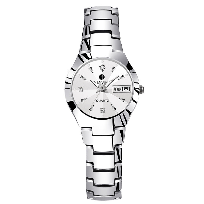 Fansico Fan Poem New Tungsten Mens Watch Dual Calendar Table 1192 Non Mechanical Watches Brand:FANSICO Type: quartz movement Band: alloy band Thickness: 9 mm Dial diameter: man 38mm woman 25mm Band width: man 18mm woman 12mm Weigth:100g Model: 1192 Color: