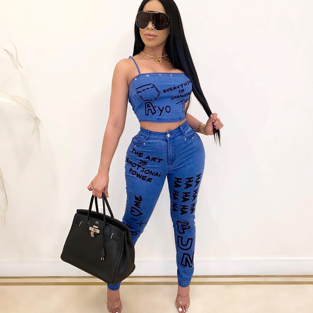 New fashion imitation denim sling suit Material: Polyester Color classification: blue Ingredient content: 81% (inclusive) -90% (inclusive) Listing year season: Summer 2020 . Asian sizes are 1 to 2 sizes smaller than European and American people. Choose th