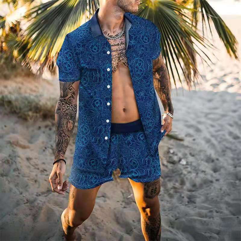 Printed Casual Loose Two-Piece Beach Suit Men Product information: Style: European and American Thickness: Normal Pants length: shorts Top style: shirt Top sleeve length: short sleeve Hooded or not: not hooded Fabric name: Four-way stretch Main fabric com