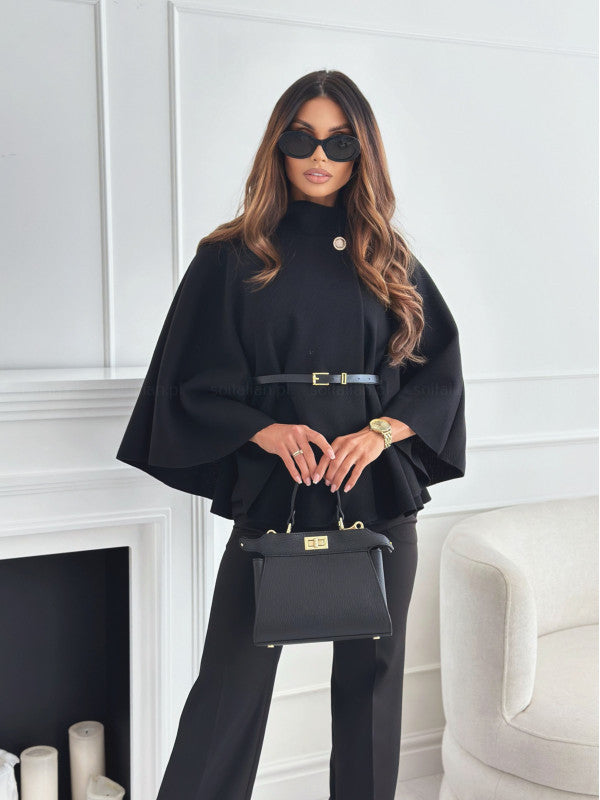 New Stand Collar Batwing Sleeves Cloak Top With Belt Ins Fashion Temperament Jacket Woolen Sweater Outwear For Women Clothing Overview: Unique design, stylish and beautiful. Good material, comfortable wear. A variety of colors, any choice. Product informa