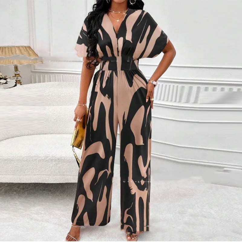 V-neck Loose Printed Long Jumpsuit Product information: Color: black white, khaki, red, green Size: S,M,L,XL,2XL,3XL,4XL,5XL Style: Jumpsuit Sleeve type: regular sleeve Main fabric composition: Polyester Pants type: Straight type Note: 1. Asian sizes are