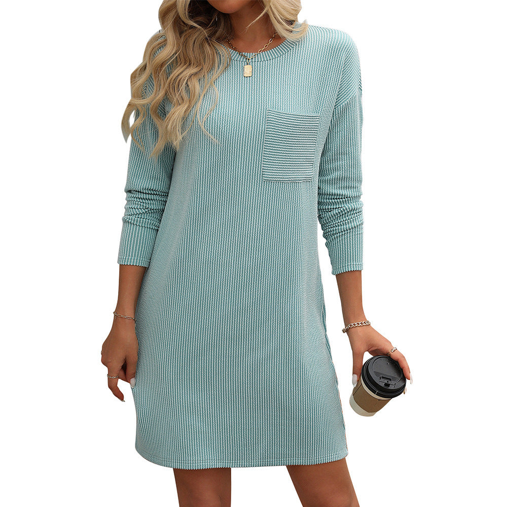 New Solid Color Striped With Pockets Long Sleeve Dress Fashion Round Neck Straight Dress Women's Clothing Product information: Fabric name: two-color twisted stripes Pattern: Color Clash Technics: collage / splicing Main Fabric Component: Cotton Main fabr